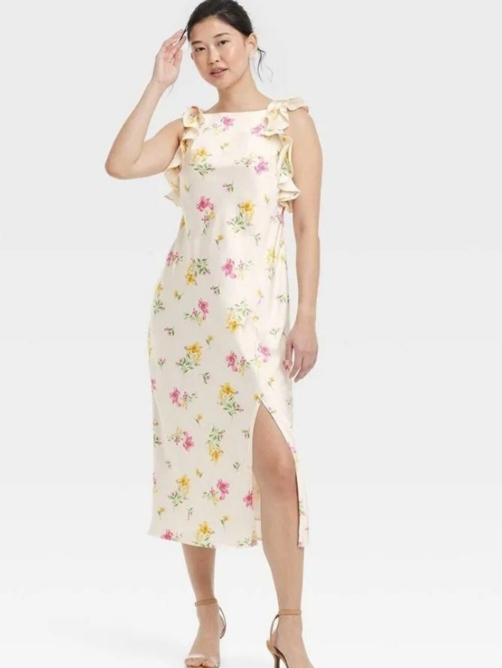 A New Day Floral Ruffle Shoulder Maxi Dress - Cream with Pink & Yellow Flowers